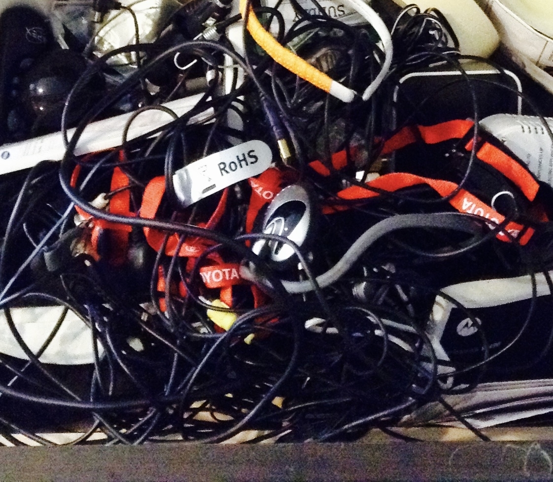 A bunch of tangled cords that need organizing.