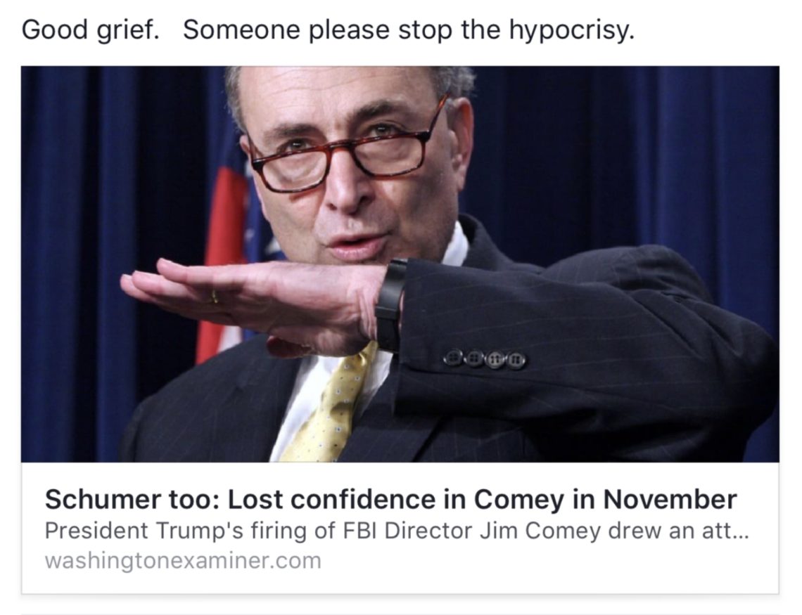 The headline for an article discussing Chuck Schumer's hypocrisy in relation to the Comey firing.