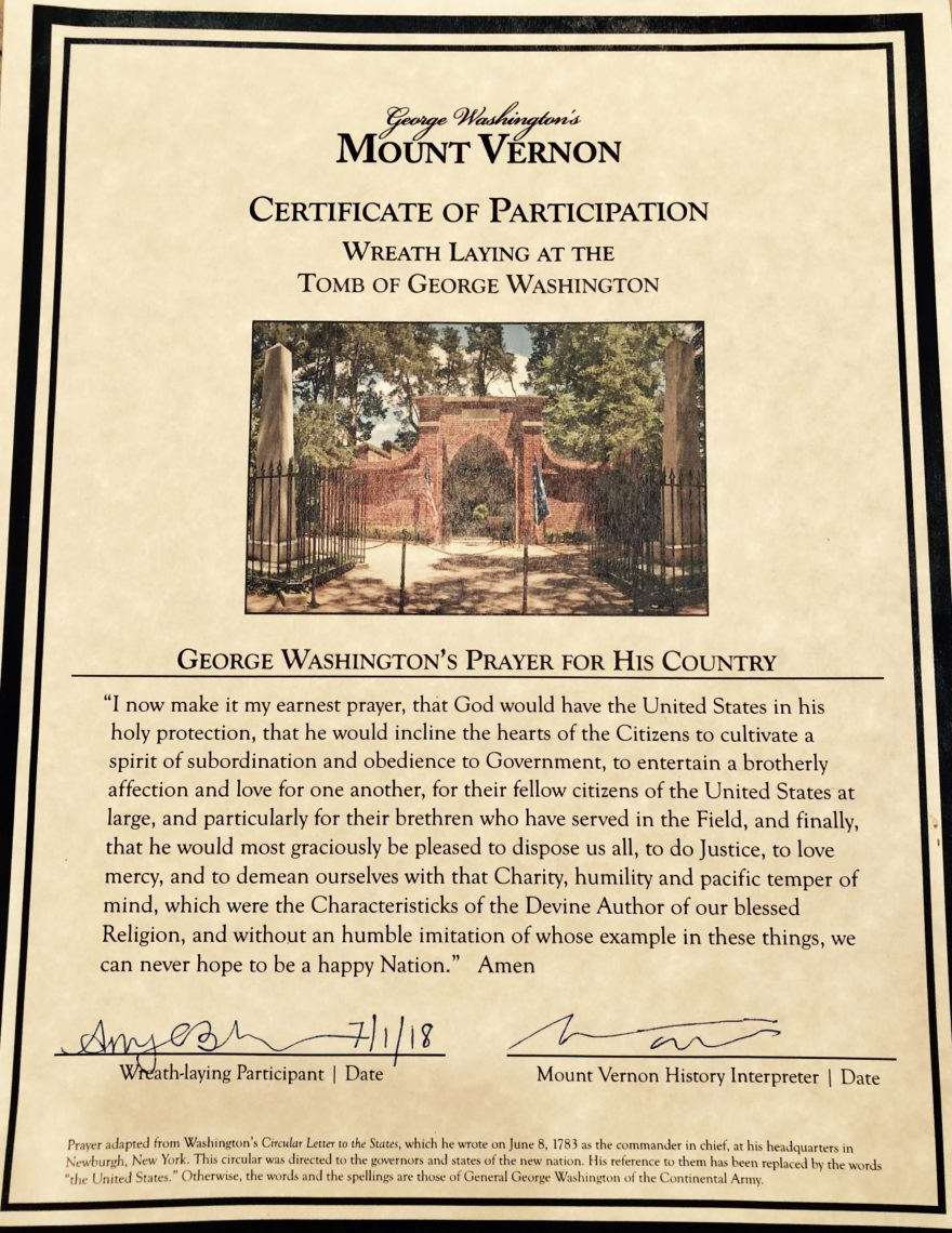 A certificate showing participation in the wreath laying ceremony.